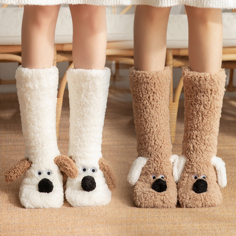 Cute Cartoon Dog Floor Socks Winter Warm Non-slip Plush Socks For