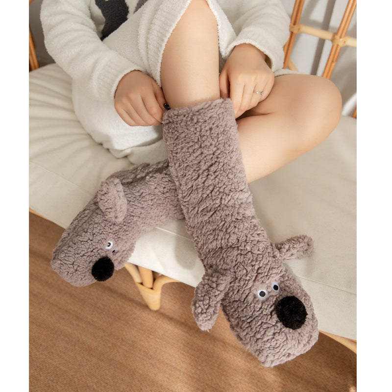 Cute Cartoon Dog Floor Socks Winter Warm Non-slip Plush Socks For